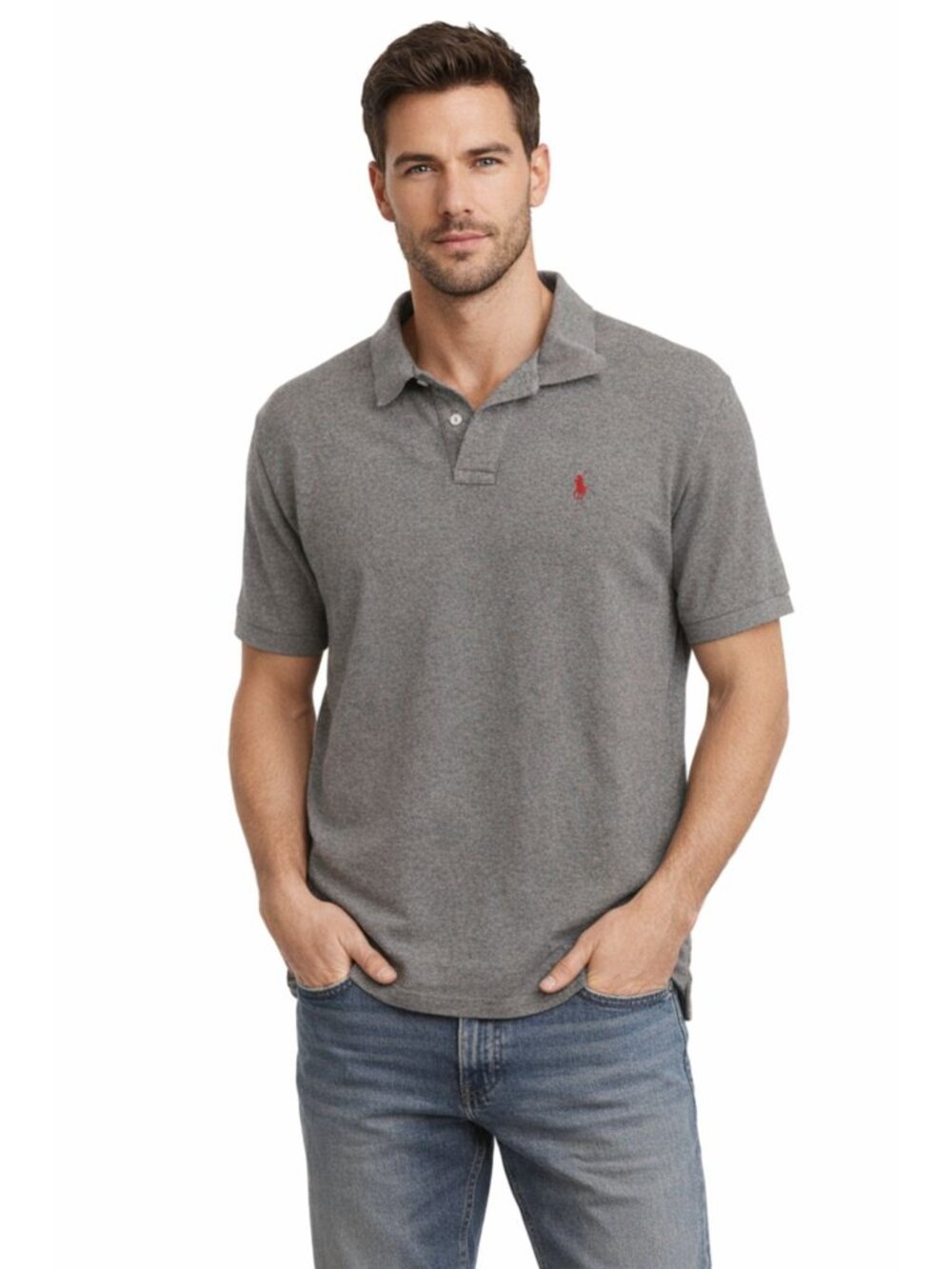 Polo Ralph Lauren Shirt Men Medium Grey Sleeve Cotton Mesh Red Embroidered Logo